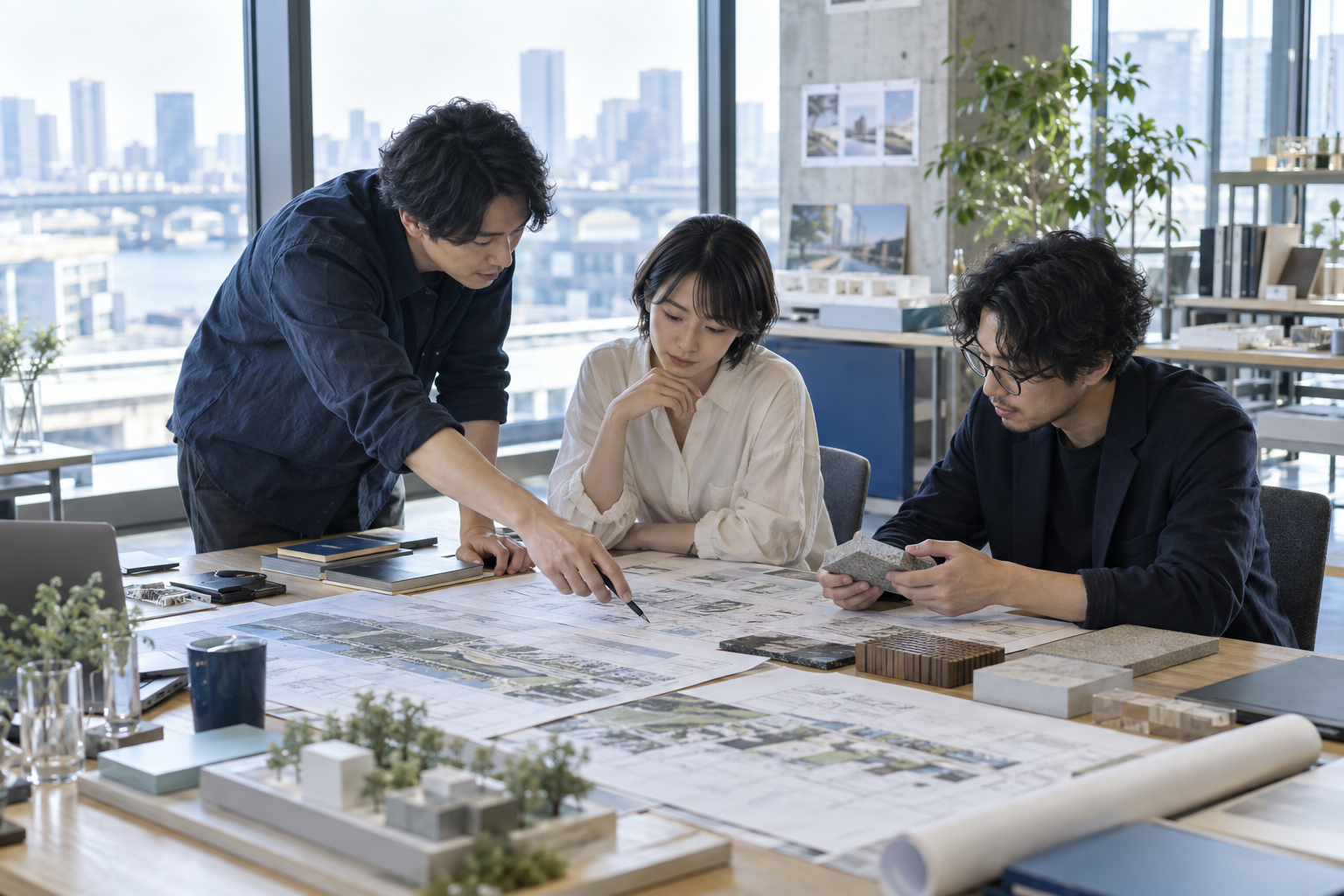 図面と素材サンプルを広げて検討するAONOWAのプロジェクトチーム