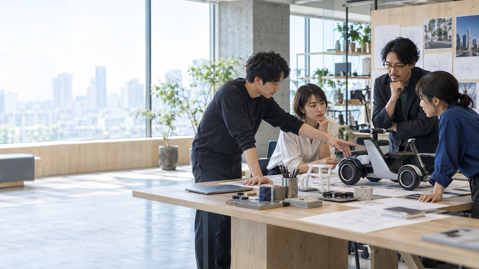 オフィスで都市モビリティの試作機を囲み議論するAONOWAのメンバー